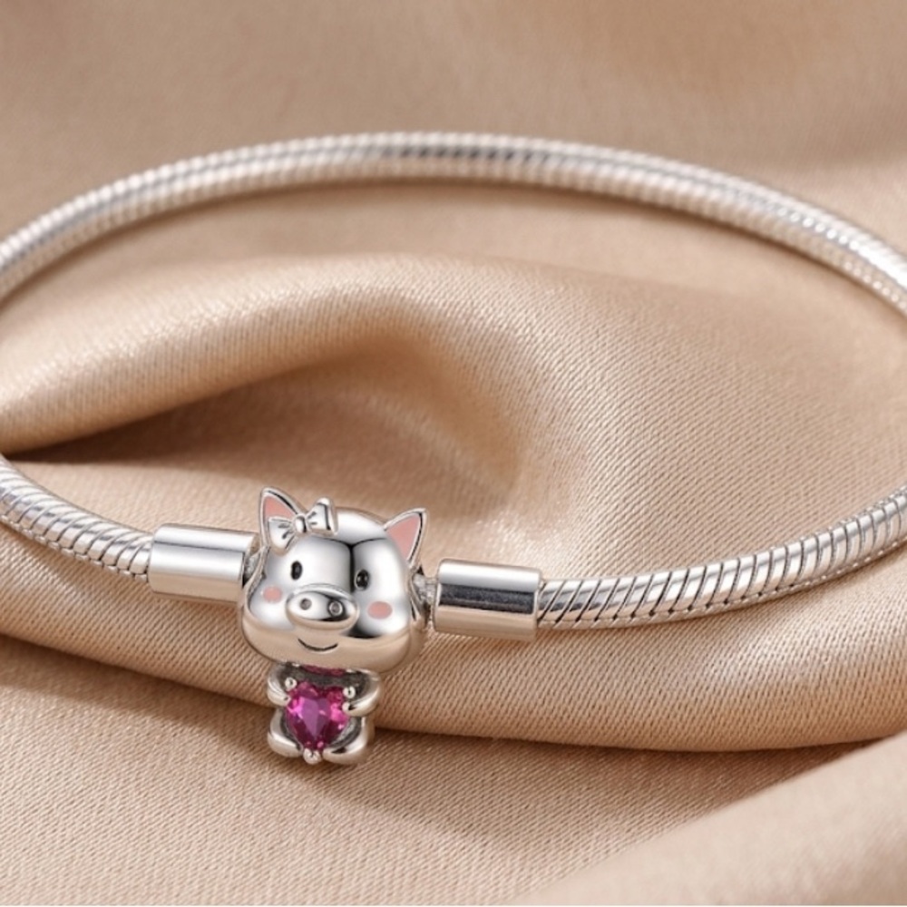 Sterling Silver Pink Heart Pig Charm Bead for Cat Category